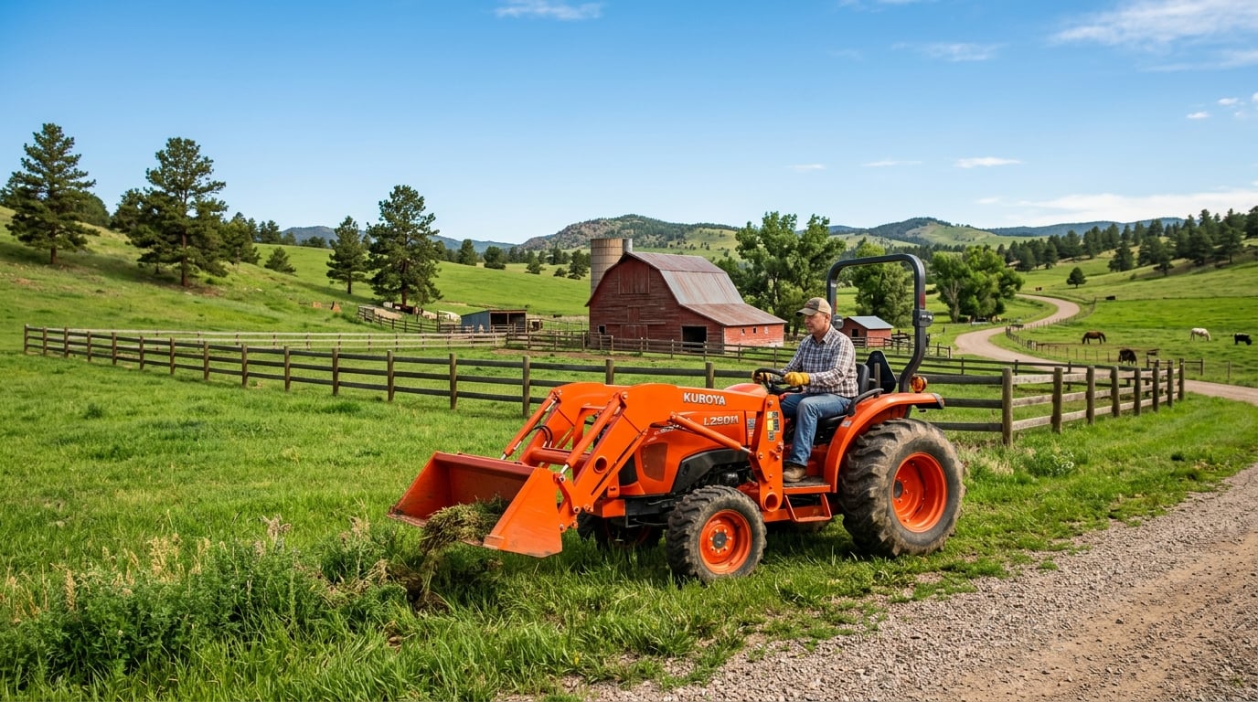 Compact utility tractor working on a small Colorado hobby farm