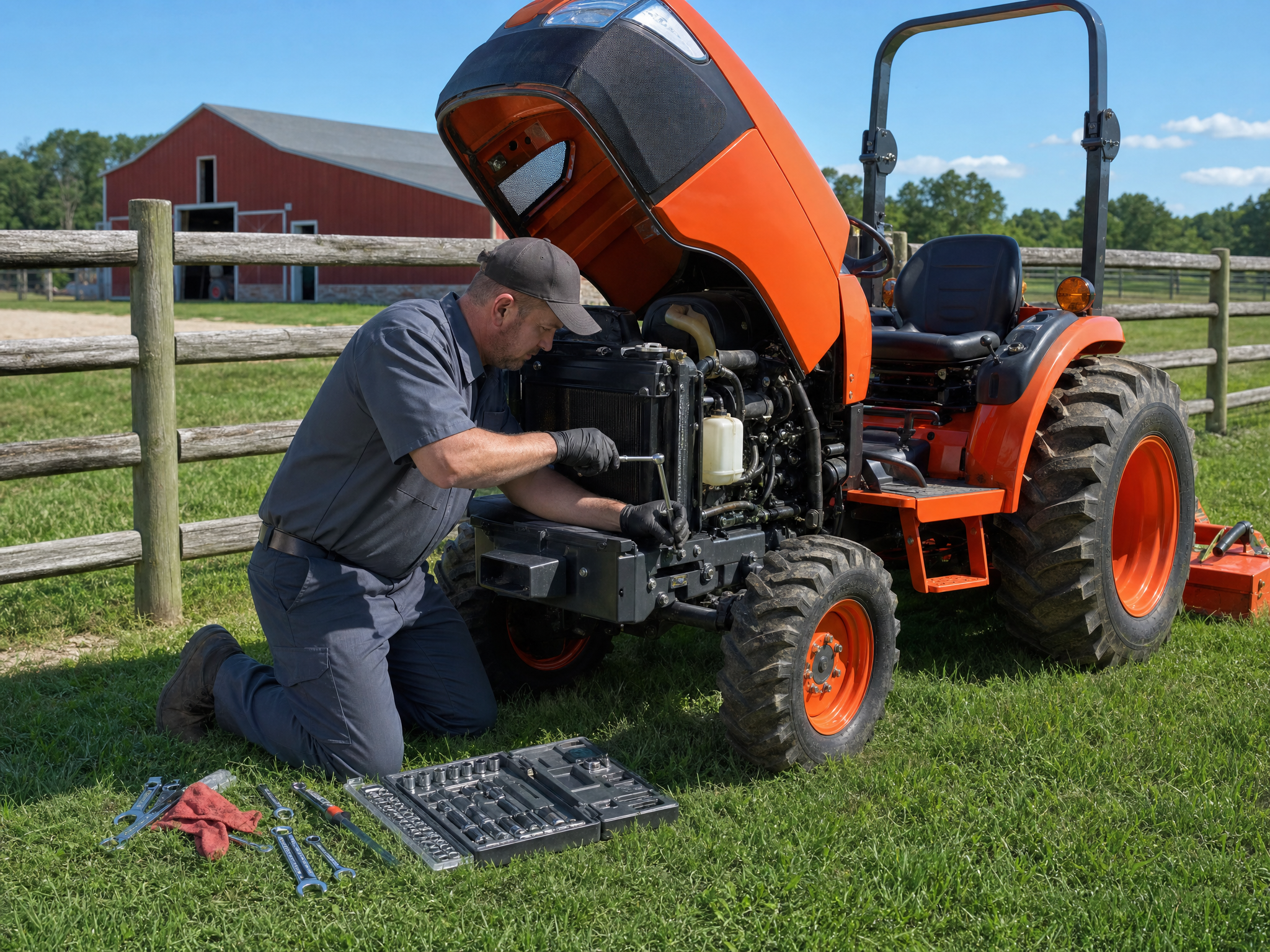 Service technician performing on-site maintenance on a compact tractor at a small ranch
